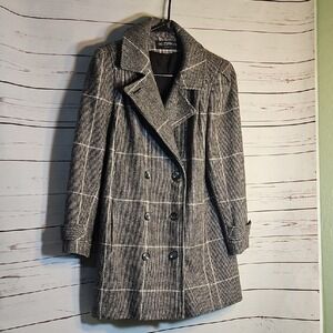 ALORNA Womens Plaid Double Breasted Wool Blend Coat Made in USA Size Large